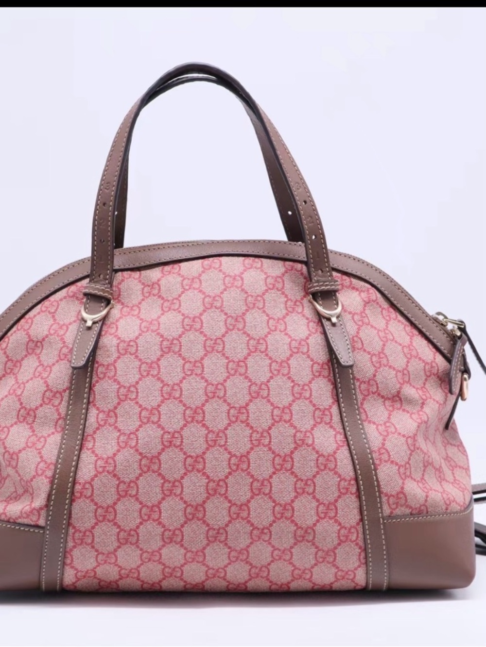 Pre loved Gucci Pink GG Monogram Tote with Brown Trim
